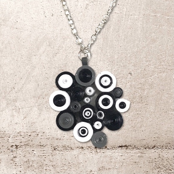 Hand Crafted Jewelry - Handmade quilled black white necklace pendant QN-8